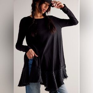 Free People Tate Pointelle Black Long Sleeve Tunic Top Size Small